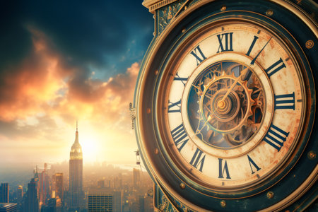 Clock face and New York City skyline at sunset. Time concept.の素材