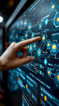 Close-up image of human hand touching virtual screen with digital iconsの素材