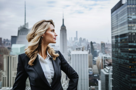 Portrait of beautiful business woman on the background of New York Cityの素材