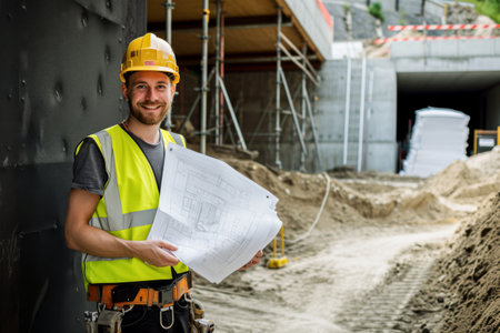 Portrait of a construction worker with blueprints at a construction siteの素材