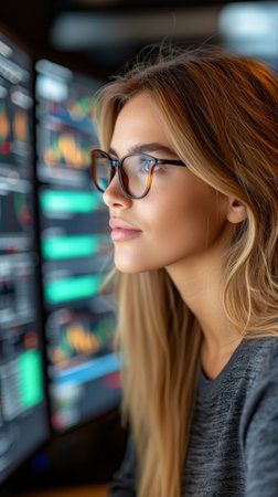 Portrait of a beautiful young woman with glasses in front of a computer monitor.の素材