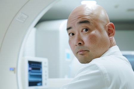 Doctor looking at the tomography scanner in the hospital. Medical equipment.の素材