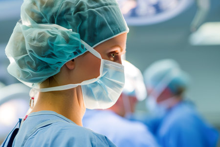 Team surgeon at work in operating room. Group of surgeons in operating room with surgical equipment.の素材