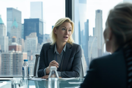 Two businesswomen working together in a meeting room with a city viewの素材