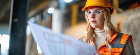 Portrait of female engineer in hardhat and safety glasses looking at blueprintsの素材