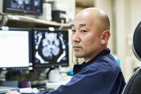 Doctor looking at x-ray image of patient on monitor in hospitalの素材