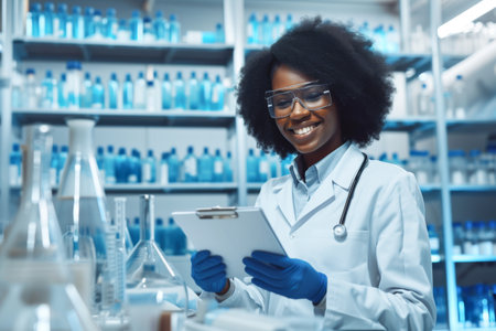 African american female scientist writing on clipboard in chemical laboratory. Young black female scientist working in laboratory.の素材