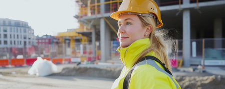 Portrait of a female engineer in a yellow helmet on a construction siteの素材