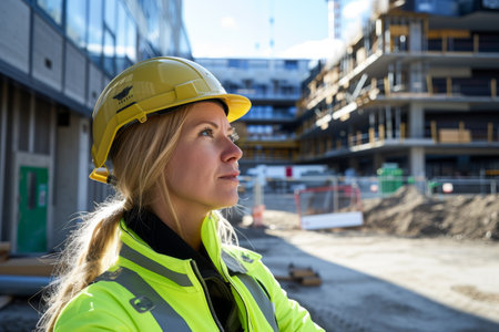 Female construction worker on the background of a new building. Concept of construction work.の素材