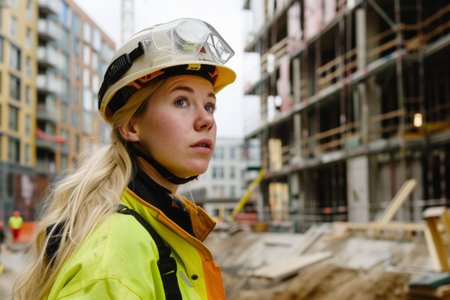Portrait of a female construction worker on the background of a new buildingの素材