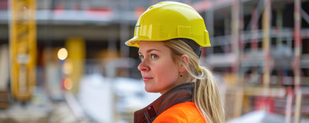 Portrait of a female engineer on a construction site. Selective focus.の素材