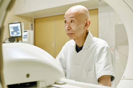 Senior man looking at a tomography scanner in a medical office.の素材