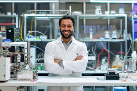 Portrait of a smiling male scientist standing with arms crossed in a laboratoryの素材