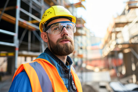 Portrait of Caucasian male engineer wearing safety glasses and reflective vest working on construction site. Industrial and industrial workers concept.の素材