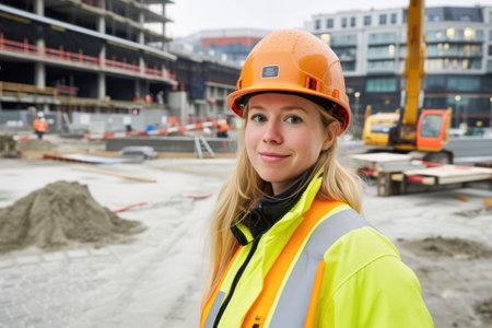 Portrait of a female engineer on the background of a construction siteの素材