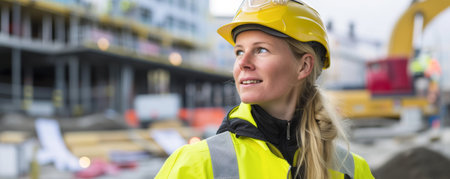 Portrait of female engineer wearing safety vest and helmet on construction siteの素材