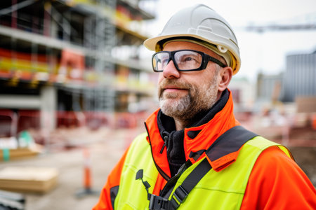 Portrait of a male engineer in a construction site with helmet and glassesの素材