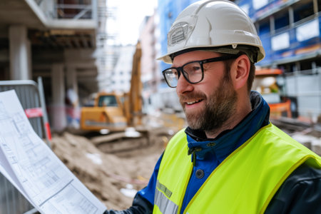 Portrait of a male engineer wearing safety helmet and glasses looking at blueprints on construction siteの素材