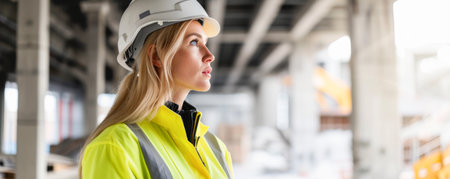 engineer woman in helmet and overalls looking away at construction siteの素材