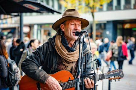 Street musician playing guitar in Amsterdam centerの素材
