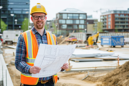 Portrait of a smiling male architect on construction site with blueprintsの素材