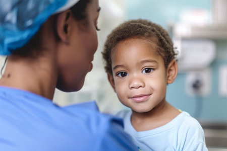 African american female pediatrician doctor examining little patient in clinic. Little boy and his mother looking at camera. Medicine and healthcare conceptの素材