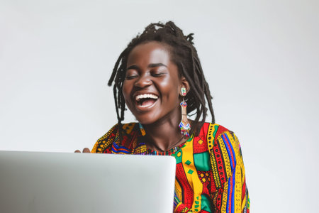 beautiful young african american woman using laptop computer smiling happy on white backgroundの素材