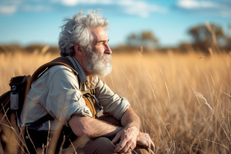 Handsome senior man with gray hair and beard sitting on a wheat fieldの素材