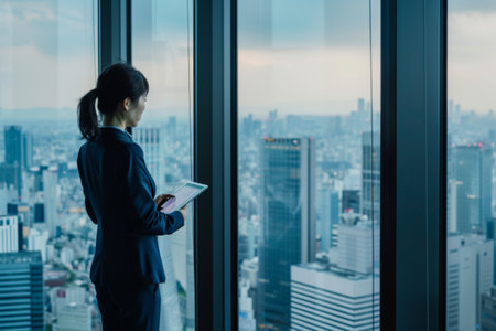 Businesswoman standing in front of window and looking at the city.の素材