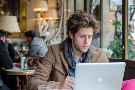 Young man sitting in a cafe and working on a laptop computer.の素材