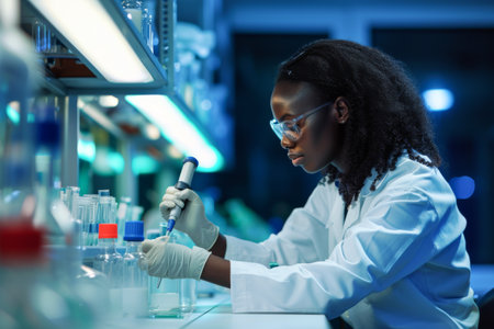 African american female researcher carrying out scientific research in a lab (shallow DOF; color toned image)の素材