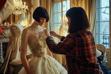Wedding day. Beautiful bride and bridesmaids are preparing for the wedding ceremony.の素材
