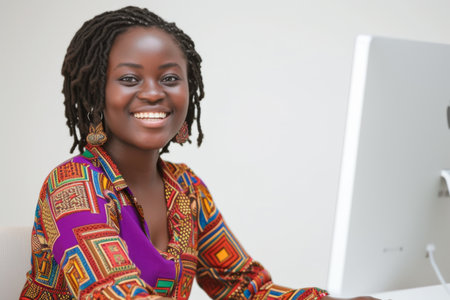 Young attractive african american businesswoman sitting at desk in officeの素材