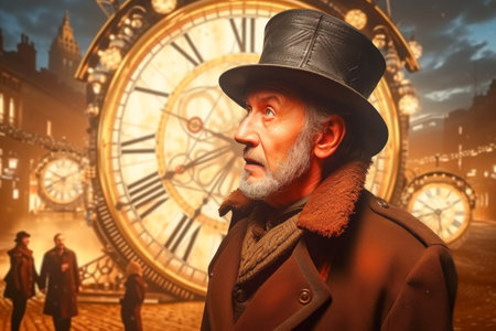 Portrait of an old man with a beard in a hat against the background of the clock.の素材