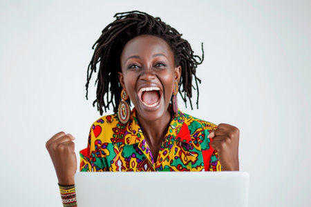 Portrait of a happy young African American woman using laptop computer isolated on a white backgroundの素材