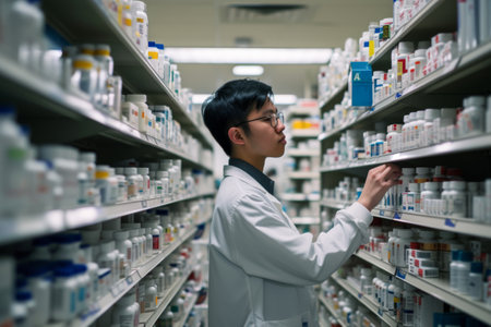 Young Asian female pharmacist in white coat standing in pharmacy drugstoreの素材