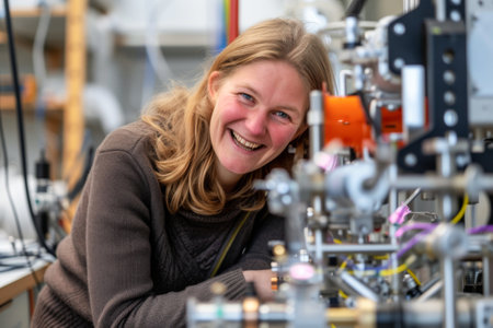 Portrait of smiling female engineer working on 3D printer in laboratoryの素材