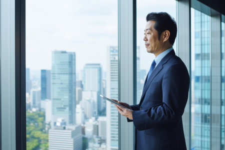 Businessman using digital tablet in office with city view background, Asianの素材