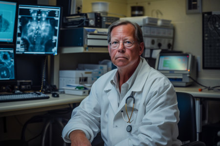 Portrait of senior doctor looking at camera while sitting at desk in clinicの素材