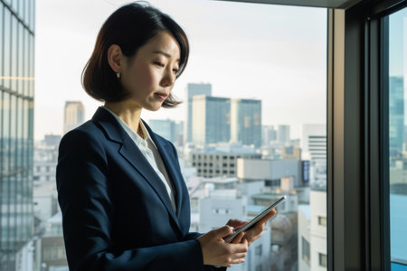 Asian business woman using tablet computer with cityscape background at window.の素材