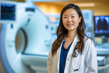 Portrait of asian female doctor looking at camera in medical officeの素材