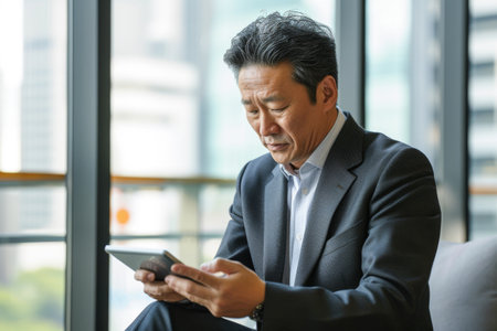 Mature Asian businessman using mobile phone in office. Business and technology concept.の素材