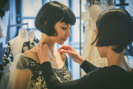 Beautiful young bride choosing wedding dress in bridal salon, retro tonedの素材