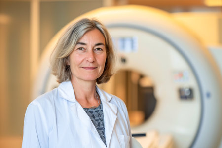 Portrait of smiling mature female doctor with tomography scanner in hospitalの素材