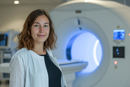 Portrait of smiling doctor looking at camera with CT scanner in backgroundの素材