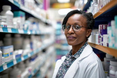 Portrait of african american female pharmacist in drugstoreの素材