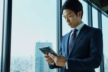 Businessman using tablet computer in the office with city view background.の素材
