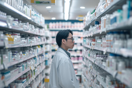 Side view of young Asian pharmacist in white coat and glasses standing in drugstoreの素材