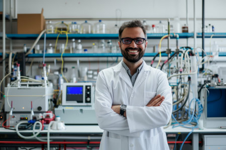 Portrait of a smiling male scientist standing with arms crossed in laboratoryの素材