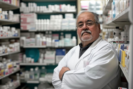 Portrait of senior male pharmacist standing with arms crossed in drugstoreの素材